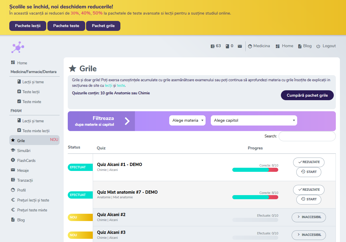 Grile - Nou pe platforma de învățare meditatii-medicina.ro