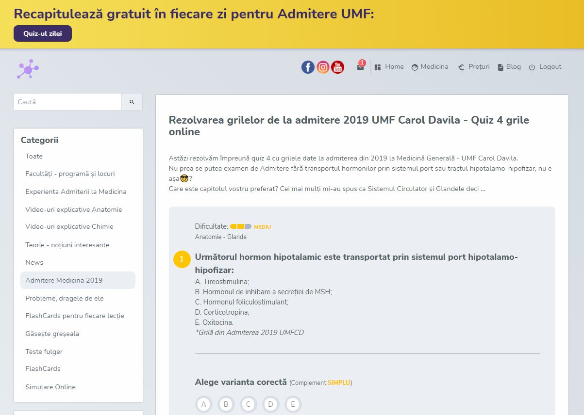 Rezolvarea grilelor de la admitere 2019 UMF Carol Davila - Quiz 4 grile online